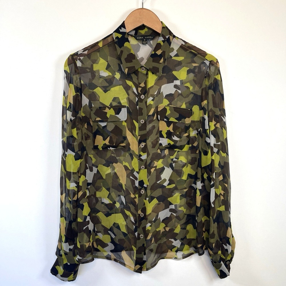 Dora Landa Womens 100% Silk Chiffon Buton Down Sheer Blouse Size M Nouveau Camo